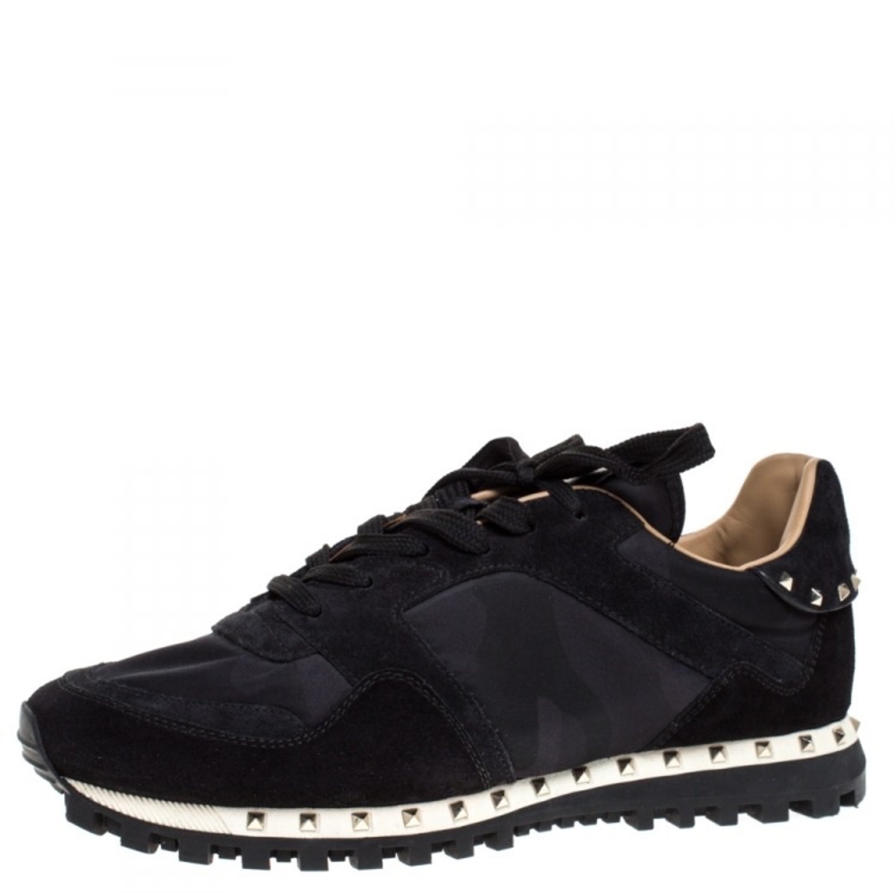 Valentino Black Suede and Camoflage Nylon Studded Lowtops